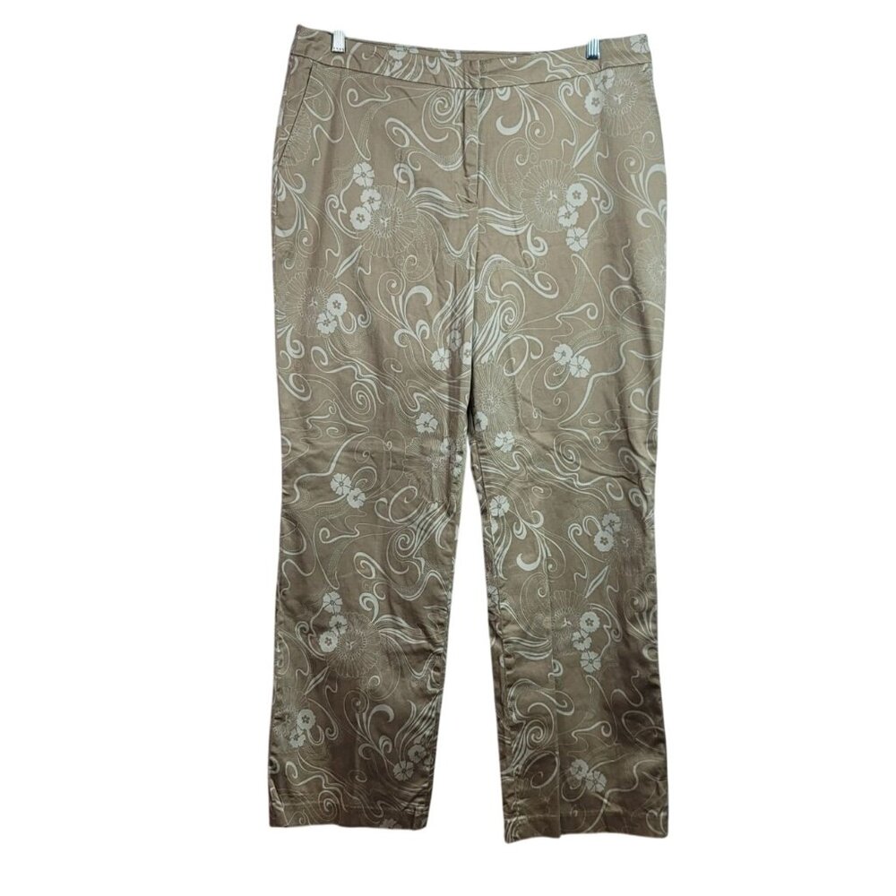Spiegel Floral Pants Tan SZ 18 High Rise Flat Front Zipper Wide Leg Full Length
